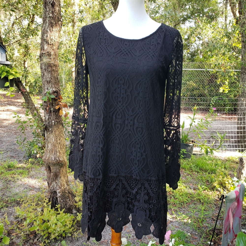 Sans Souci Lace Tunic Dress Boho Overlay Crochet Hem Sheer Sleeve Size M Gothic